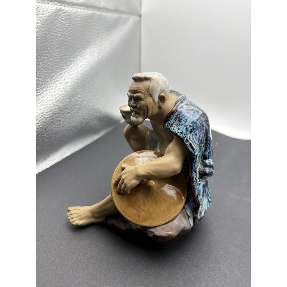 Vintage Shiwan Chinese Mudman Statue Figurine Sitting Old Man Eating 5.5”x5 - Picture 4 of 7